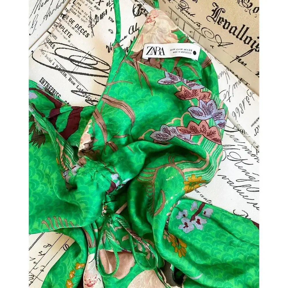 ZARA Green Floral Slip Mini Dress NWT – V-Neck Ruched Tie Spaghetti Strap, SZ M - Picture 16 of 16